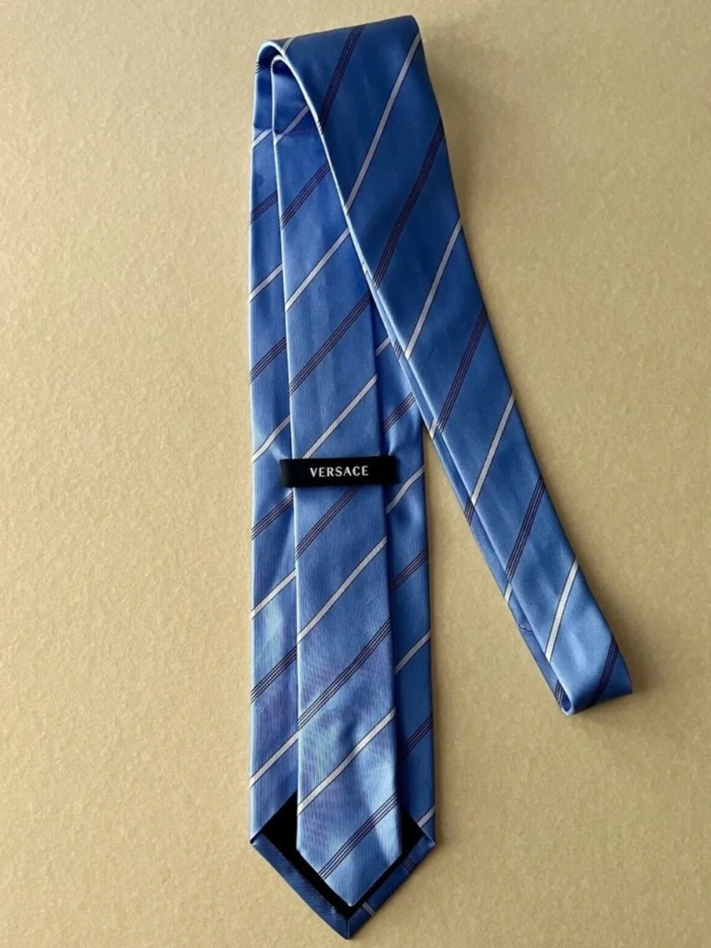 Versace Diagonal Stripe Blue Silk Medusa Logo‎ Mens Luxury Tie Made In Italy